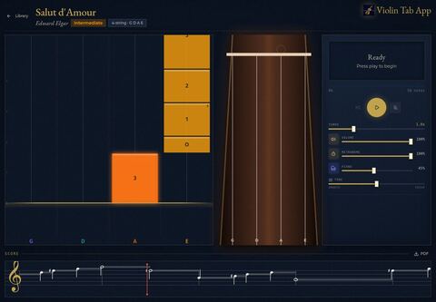 Salut d'Amour in the Violin Tab App Pro player, with falling notes, fingerboard guidance, notation, piano accompaniment, and practice controls visible